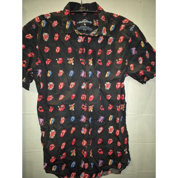 The Rolling Stones Mens Shirt Medium Black Button Up All Over Print Multi Tongue - Picture 1 of 3